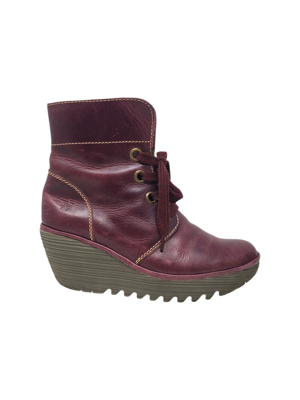 Fly London Yel Lace Up Wedge Platform Ankle Boots Purple Red Leather Size 39